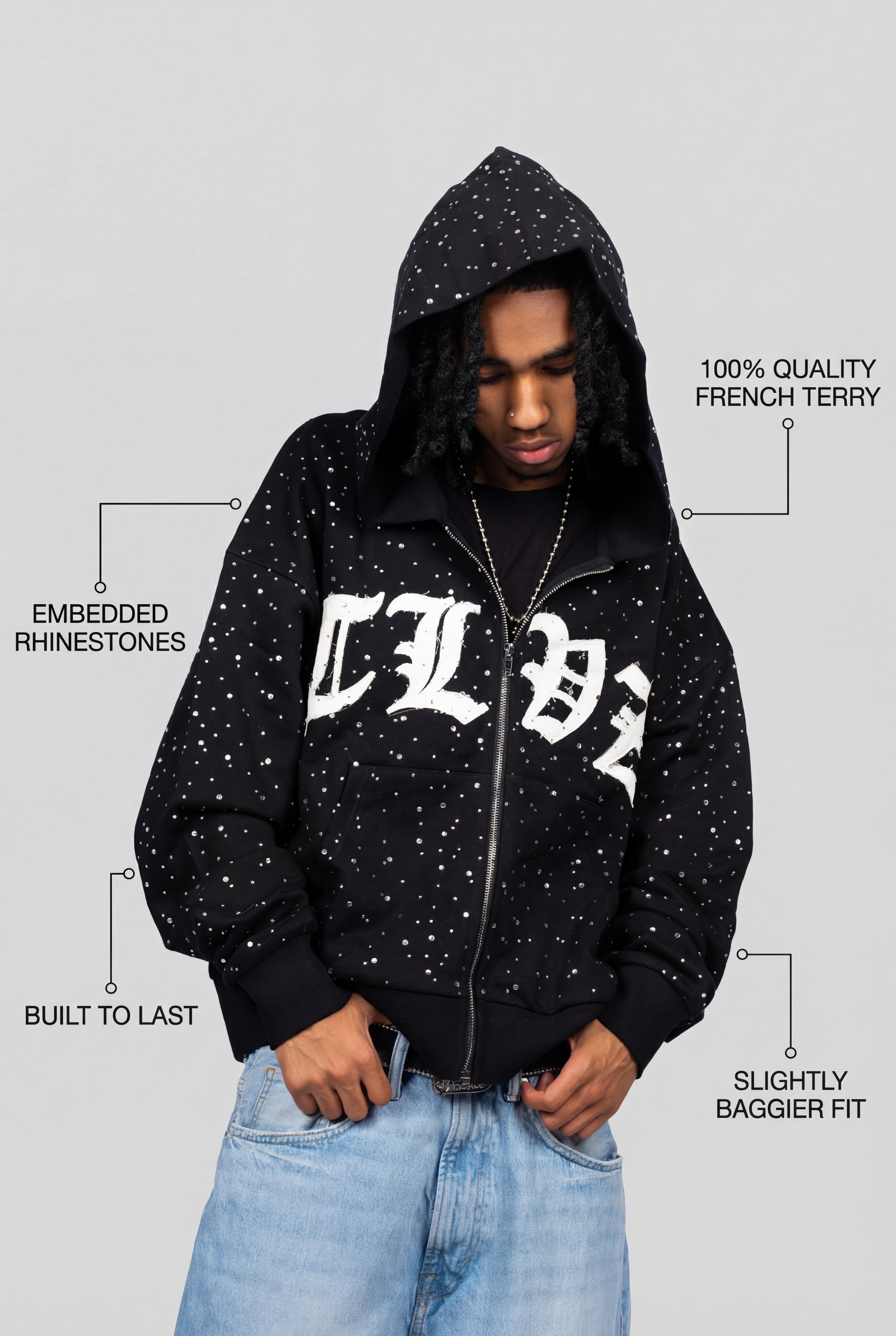 RHINESTONE ZIP HOODIE